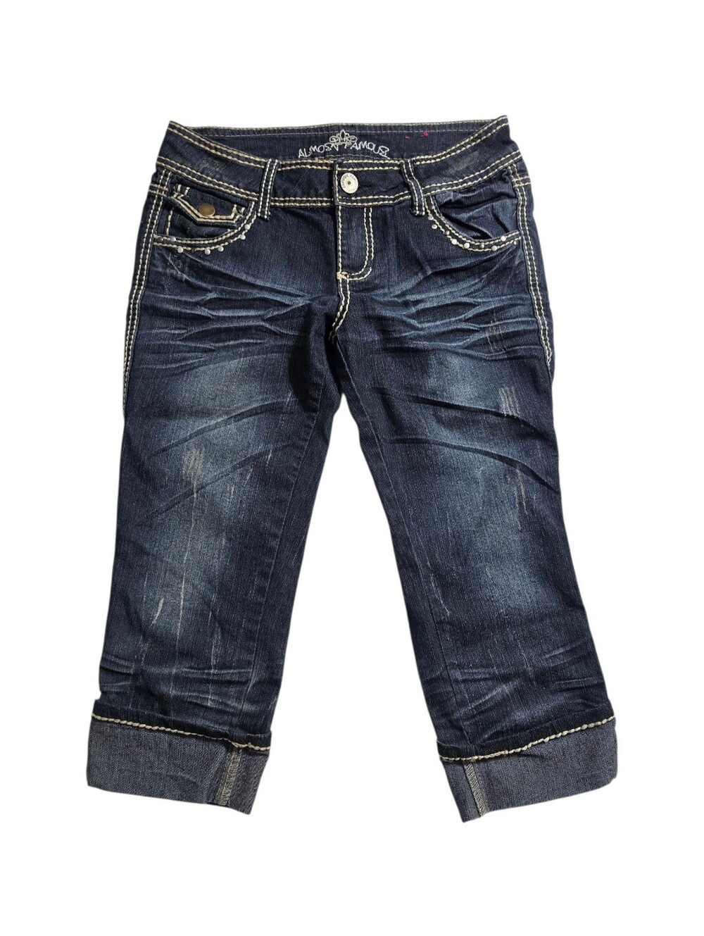 Almost Famous Cropped Denim Capri Jeans Dark Wash Heavy Whiskering Size 5